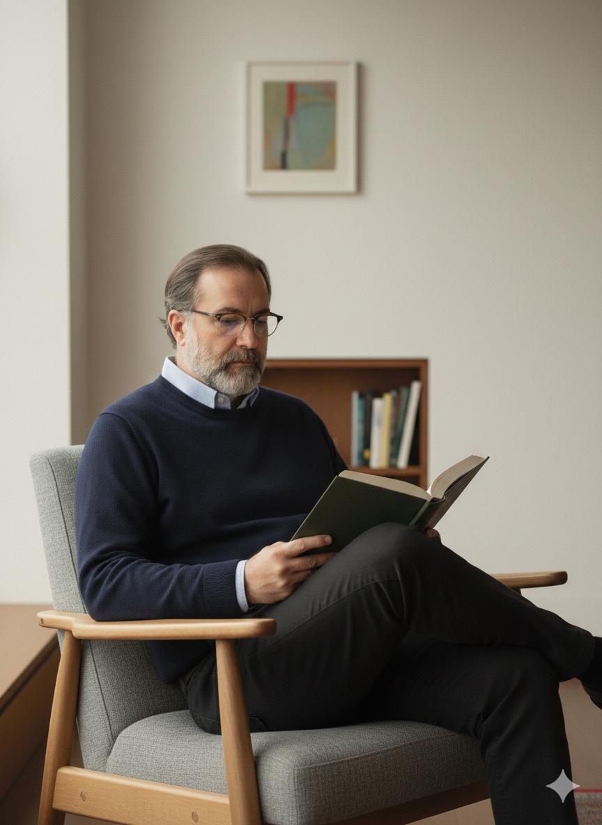 Moisés Matos, psicanalista, lendo em sua biblioteca